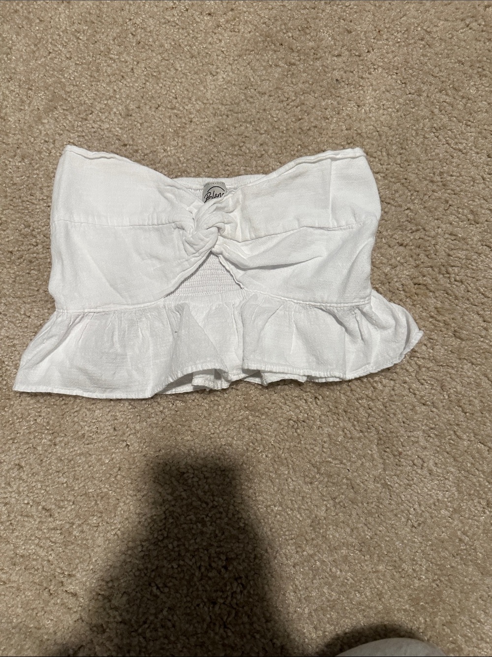 White Strapless Ruffle Crop Top with Twist Front